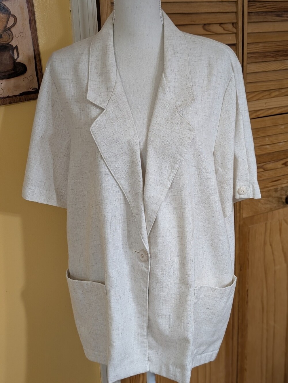 Vintage Sag Harbor Cream Woven Textured Short-Sleeve Blazer Jacket 14